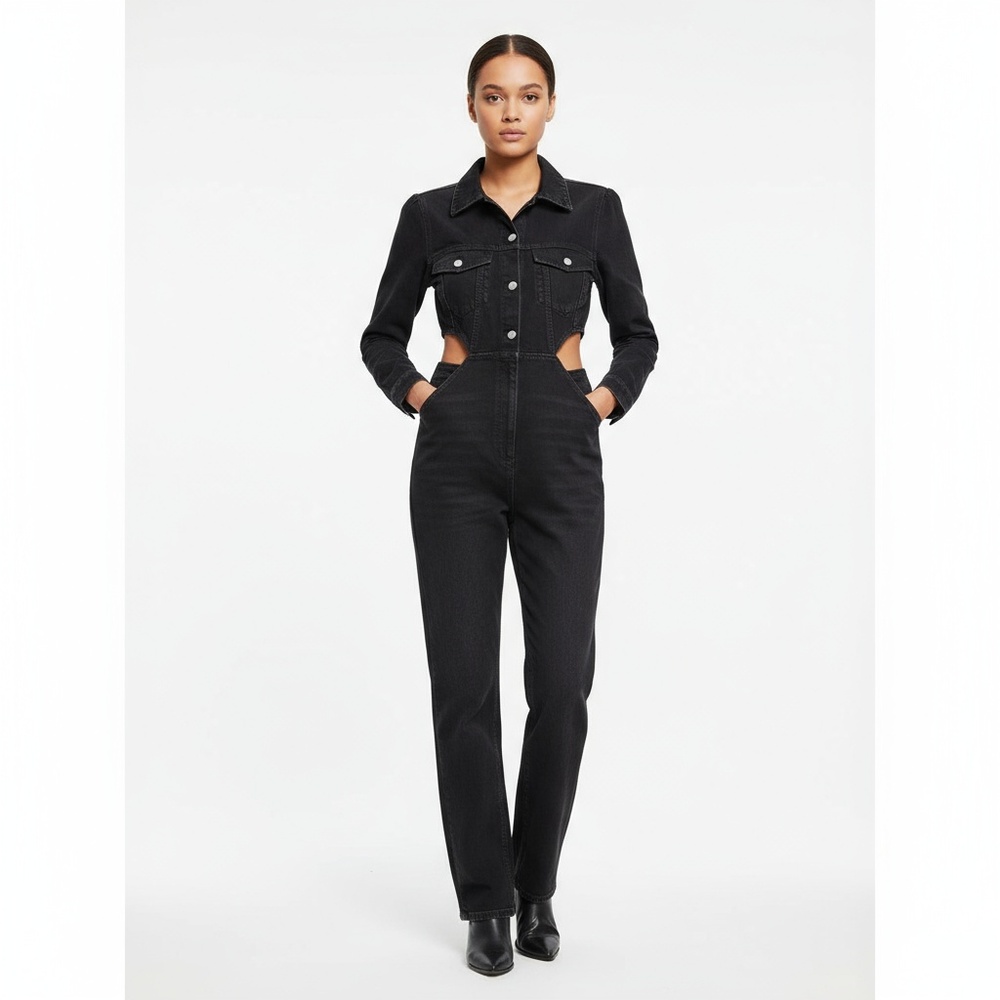 NWT ZARA Womens Denim Jumpsuit Size M Faded Black Cutout Waist Edgy Modern M